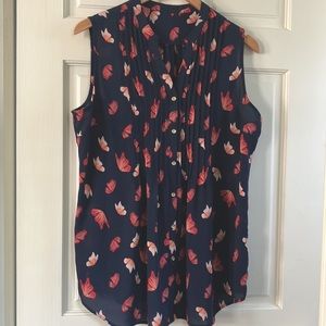 Sleeveless Navy Blue button front flowy tunic style blouse with butterfl…